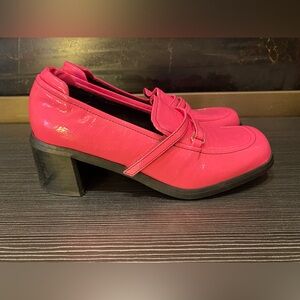Barbie Pink Patent Leather Chunky Heel Loafers w/ Velcro Straps Size 7 Retro Gal